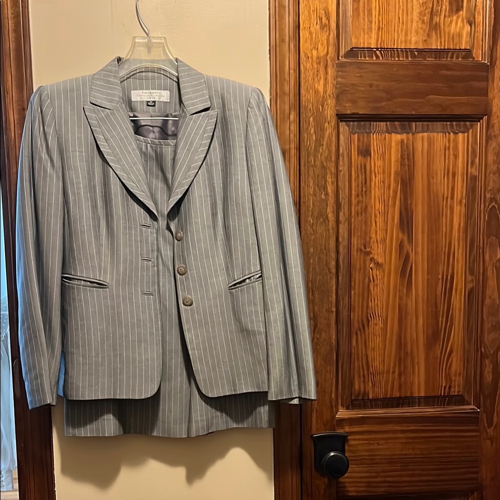 Gray Tahari Pinstripe Blazer and Skirt Set